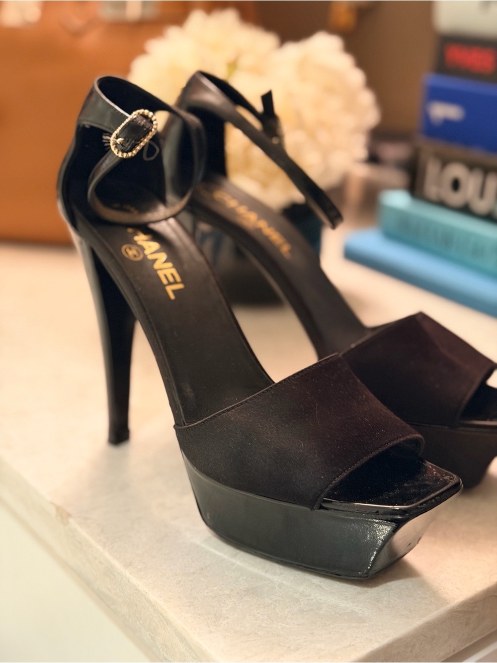 CHANEL Black Satin Platform Ankle-Strap Pumps - Picture 4 of 7